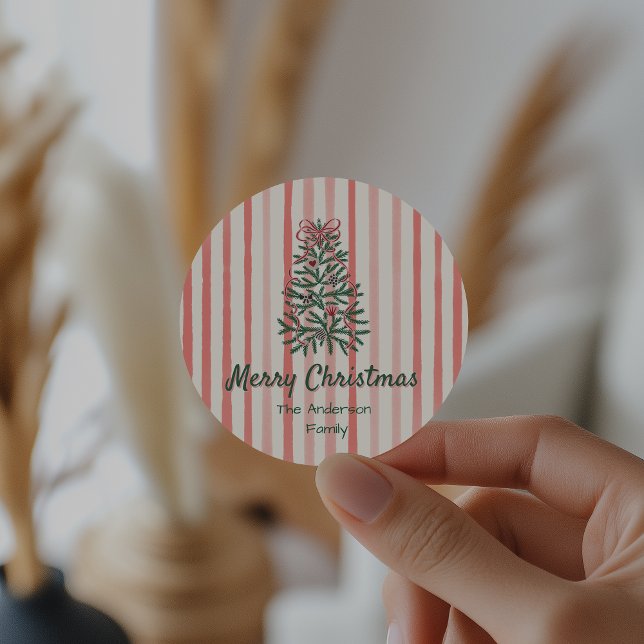 Retro Green Red Hand Drawn Ribbons Tree Christmas Classic Round Sticker (Creator Uploaded)