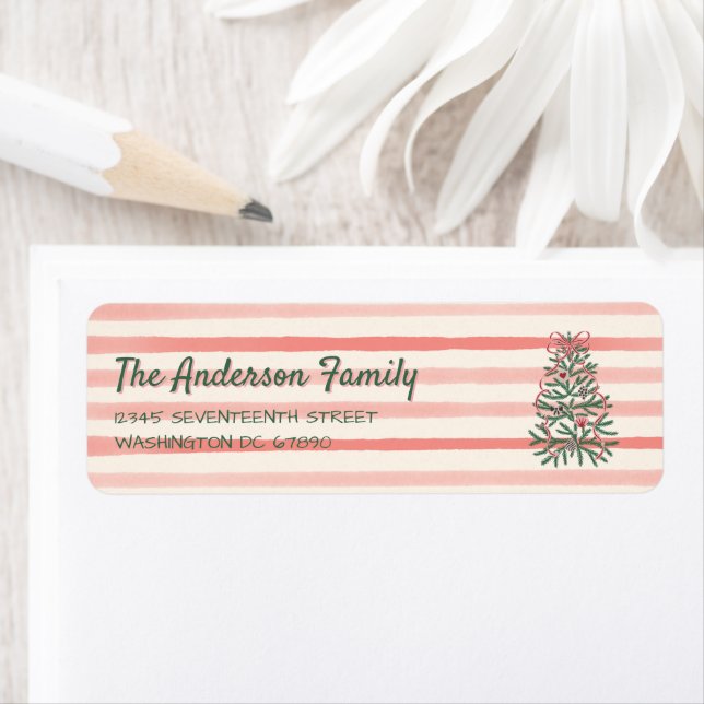 Retro Green Red Hand Drawn Ribbons Tree Christmas Return Address Label (Insitu)