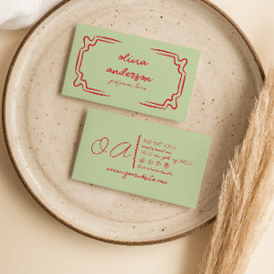 Retro Green Red Handwritten Drawn Unique Girly Business Card