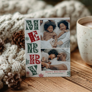 Retro Green Red Merry 2-Photo Christmas Holiday Card