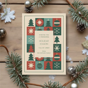 Retro Green Red Mid Mod Checkered Holiday Card