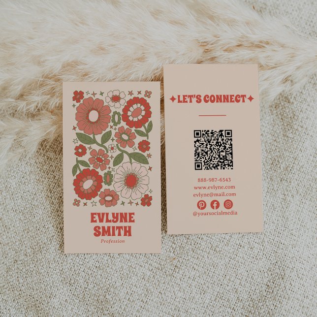 Retro Green Red QR Code Groovy Floral Funky Boho Business Card (Creator Uploaded)