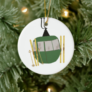 Retro Green Ski Lift - Skiing Snowboarding Ceramic Ornament