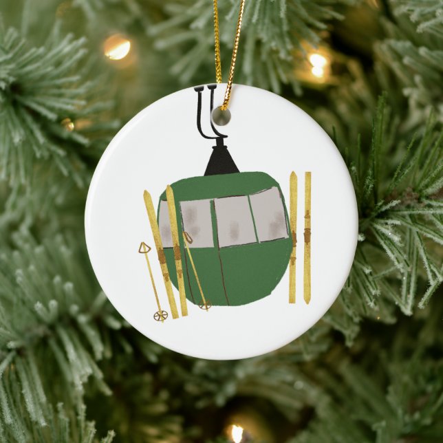 Retro Green Ski Lift - Skiing Snowboarding Ceramic Ornament (Tree)