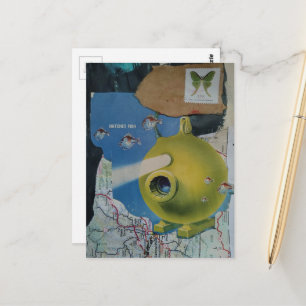 Retro Green Submarine Fish and Moth Collage Postcard