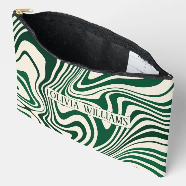 Retro Green Swirl Abstract Pattern  Accessory Pouch (Open)