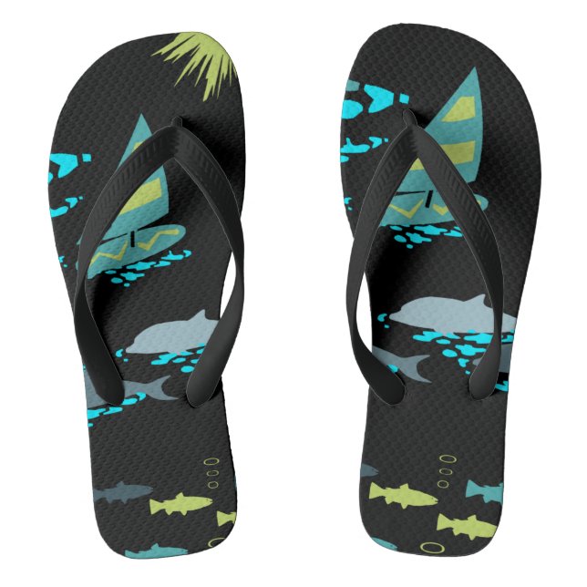 Retro Green Turquoise Black Windsurfer & Dolphins Thongs (Footbed)