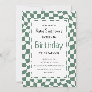 Retro Green Wavy Check Birthday Invitation