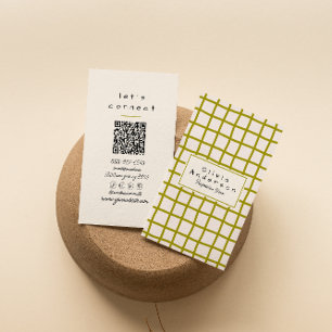 Retro Green Wavy Chequered Trendy Boho QR Code Business Card