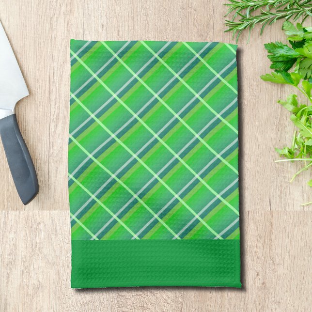 Retro Green White Horizontal Plaid Pattern Tea Towel (Creator Uploaded)
