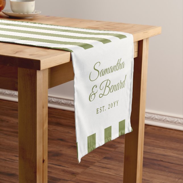 Retro Green White  Stripes Personalised Wedding Short Table Runner (In Situ)