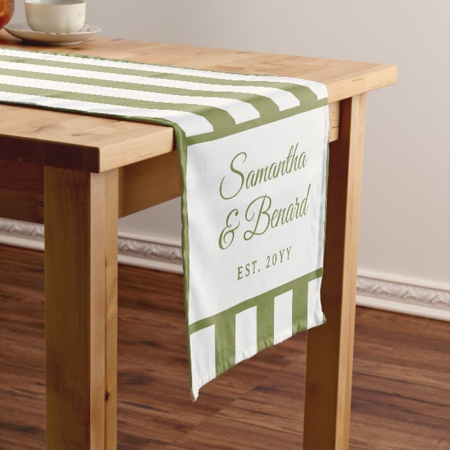 Retro Green White  Stripes Personalised Wedding Short Table Runner (In Situ)