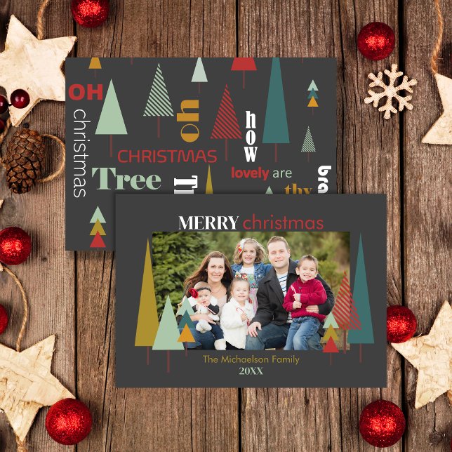 Retro Grey Colourful Oh Christmas Tree Photocard Invitation (Creator Uploaded)