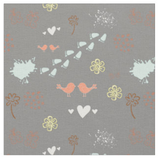 Retro grey colourful pattern of birds, dots, foots fabric