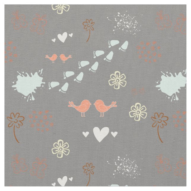 Retro grey colourful pattern of birds, dots, foots fabric (Close Up)