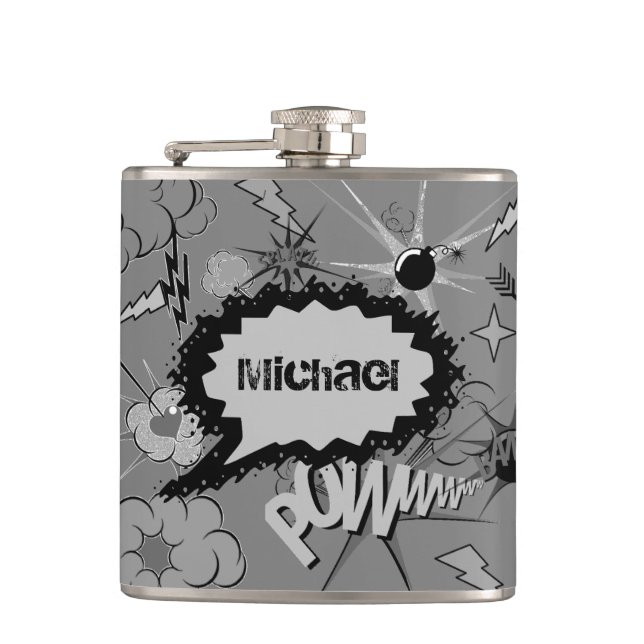 Retro Grey Custom Comic Book Pattern Personalised Hip Flask (Front)