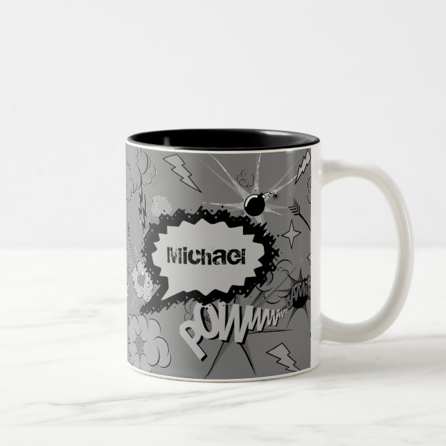 Retro Grey Custom Comic Book Pattern Personalised Two-Tone Coffee Mug (Right)