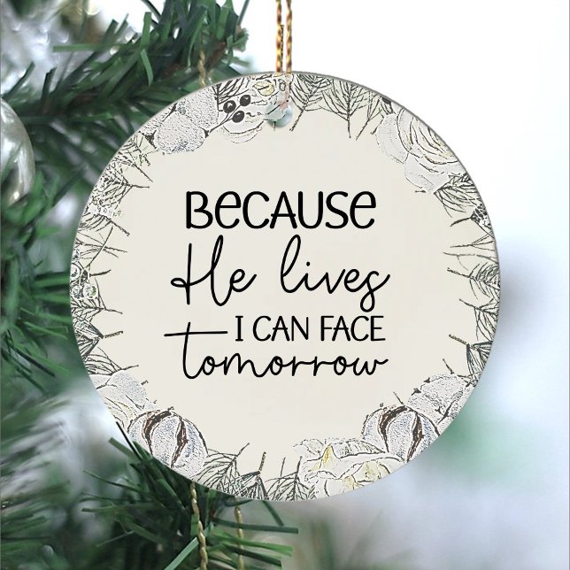 Retro Grey Floral Wreath Easter Ornament (Because he lives easter gray floral wreath script typography christian ornament)