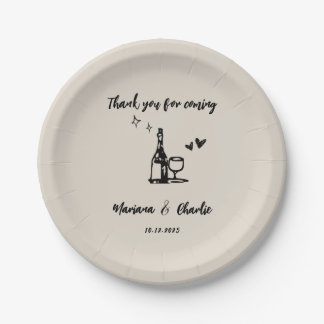 Retro Grey Hand Drawn Illustrated Wedding Paper Plate