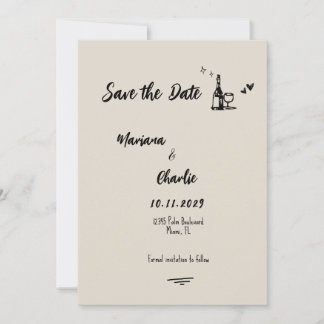Retro Grey Hand Drawn Illustrated Wedding  Save The Date