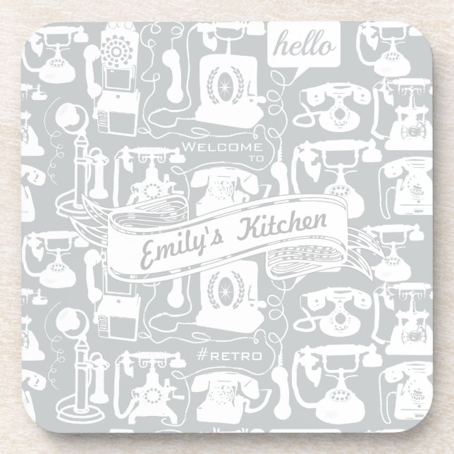 Retro Grey or Any Colour Telephone Pattern Coaster (Front)