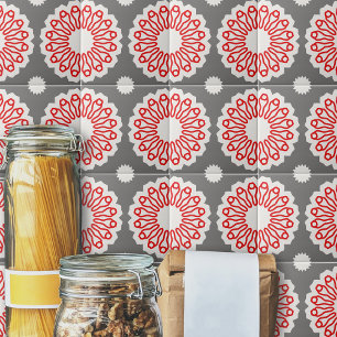 Retro Grey Red & White Ethnic Geometric Pattern Ceramic Tile