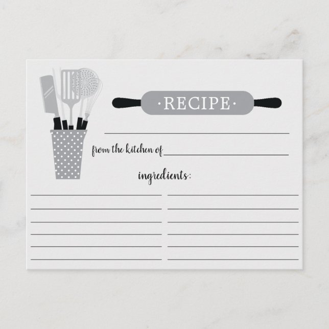 Retro Grey Rolling Pin Kitchen Tools Recipe Card (Front)