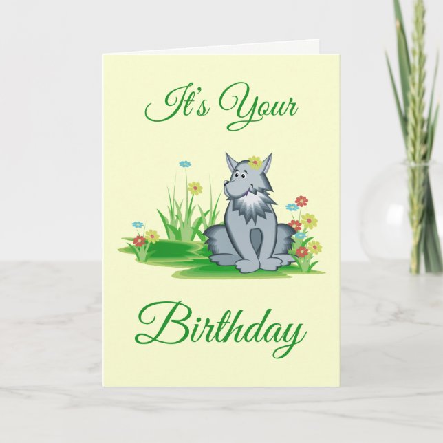 Retro Grey Wolf in Garden Birthday Greeting Card (Front)