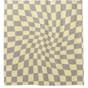 Retro Grey Yellow Checks Warped Chequerboard Shower Curtain