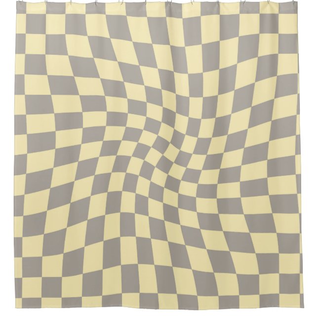 Retro Grey Yellow Checks Warped Chequerboard Shower Curtain (Front)