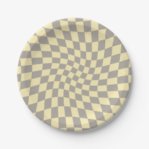 Retro Grey Yellow Pastel Warped Chequerboard Paper Plate