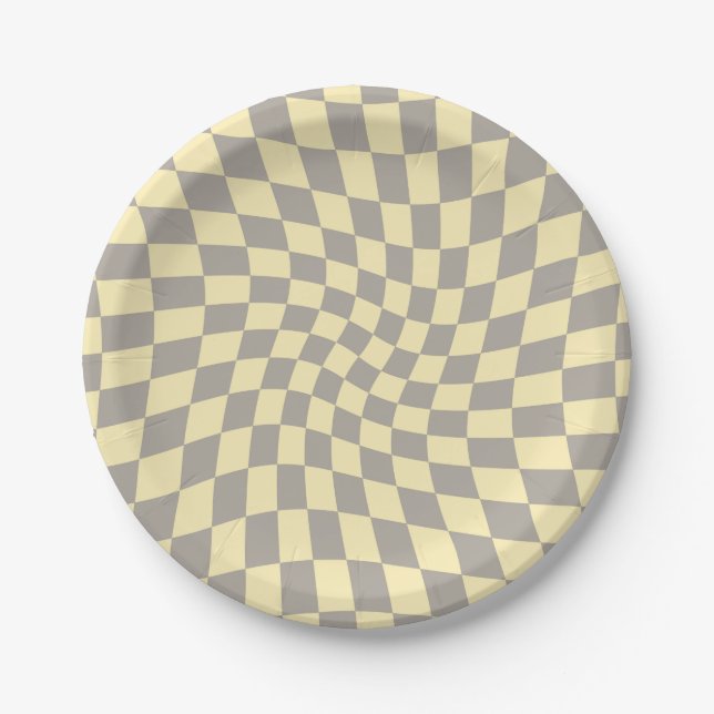 Retro Grey Yellow Pastel Warped Chequerboard    Paper Plate (Front)