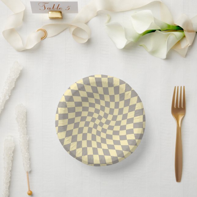 Retro Grey Yellow Pastel Warped Chequerboard    Paper Plate (Wedding)