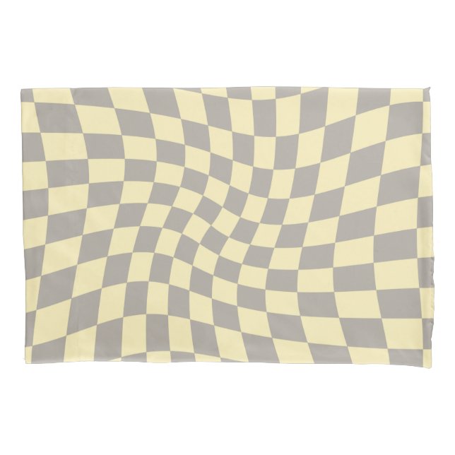 Retro Grey Yellow Y2k Warped Chequered Dorm Room Pillowcase (Front)