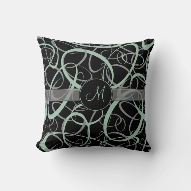 retro greyed jade and grey rings on black monogram cushion (Front)