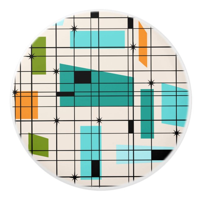 Retro Grid & Starbursts Custom Ceramic Knob (Front)