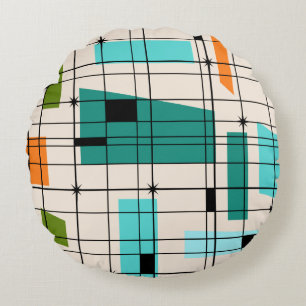 Retro Grid & Starbursts Round Pillow