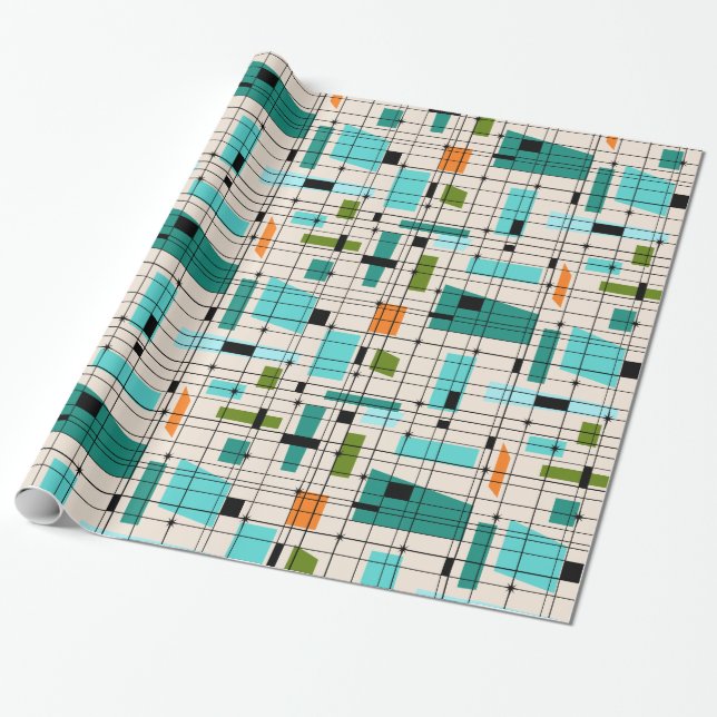 Retro Grid & Starbursts Wrapping Paper (Unrolled)