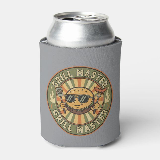 Retro Grill Master Burger Character BBQ King Vinta Can Cooler (Can Front)