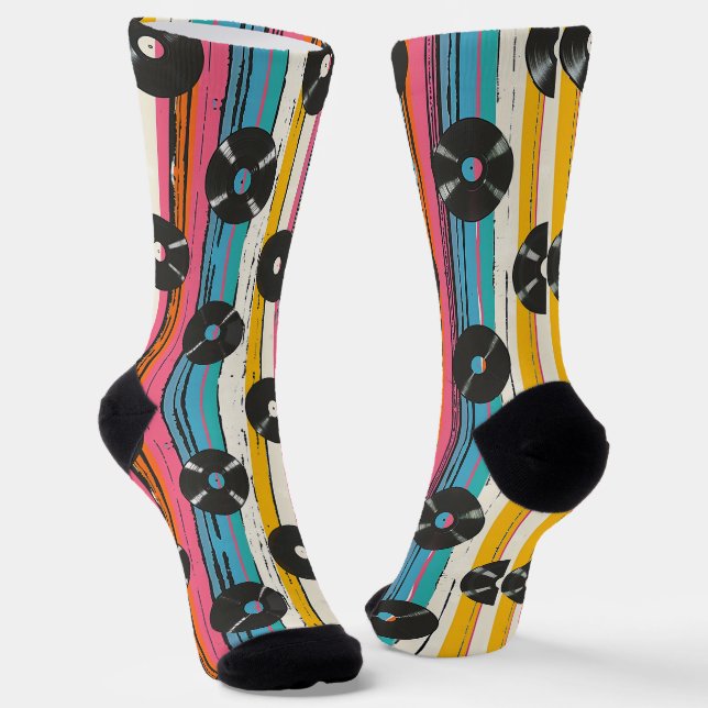 Retro Grooves - Vinyl Record Striped Pattern Socks (Angled)