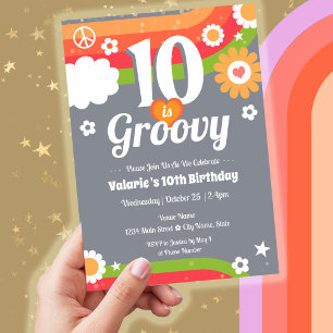 Retro Groovy 10th Birthday Invitation
