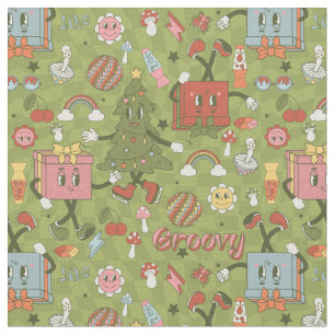 retro groovy 1970 disco christmas tree green check fabric