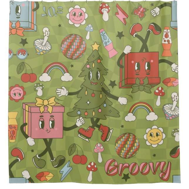 retro groovy 1970 disco christmas tree green check shower curtain (Front)