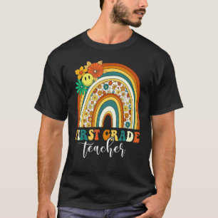 Retro Groovy 1st First Grade Teacher Rainbow Back  T-Shirt