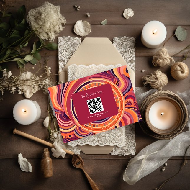 Retro Groovy 70s abstract pattern wedding RSVP Card (Creator Uploaded)