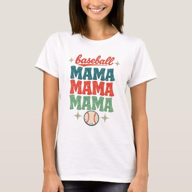 Retro Groovy 70s Baseball Mama Stacked Text T-Shirt (Front)