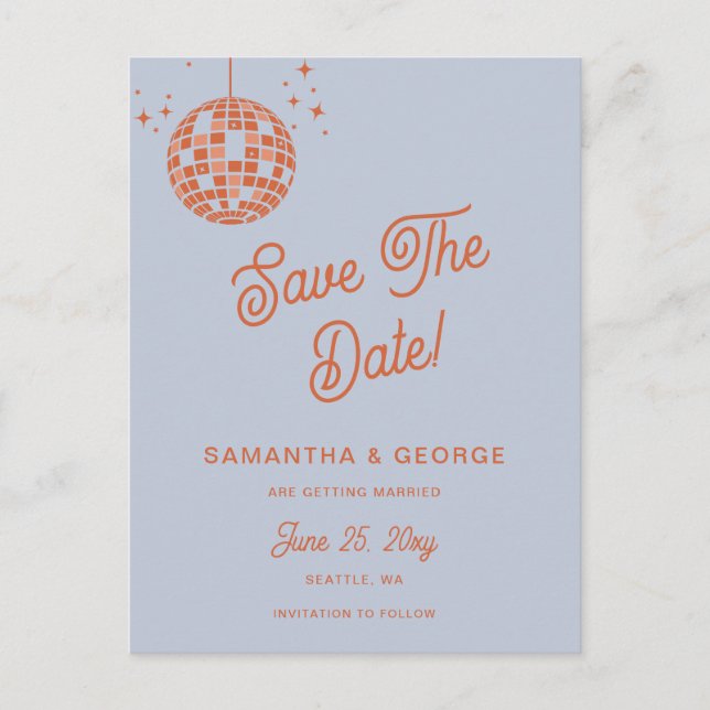 Retro Groovy 70s Blue Disco Orange Save The Date Announcement Postcard (Front)