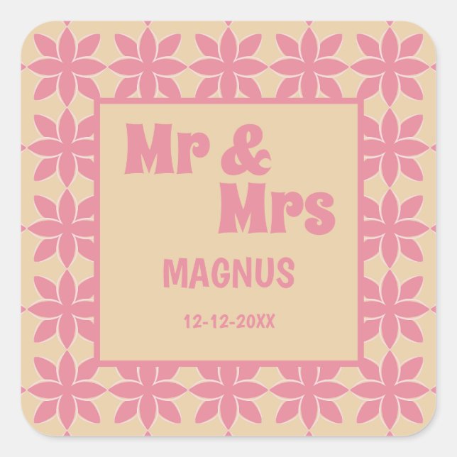 Retro groovy 70's bold typography peach & pink square sticker (Front)