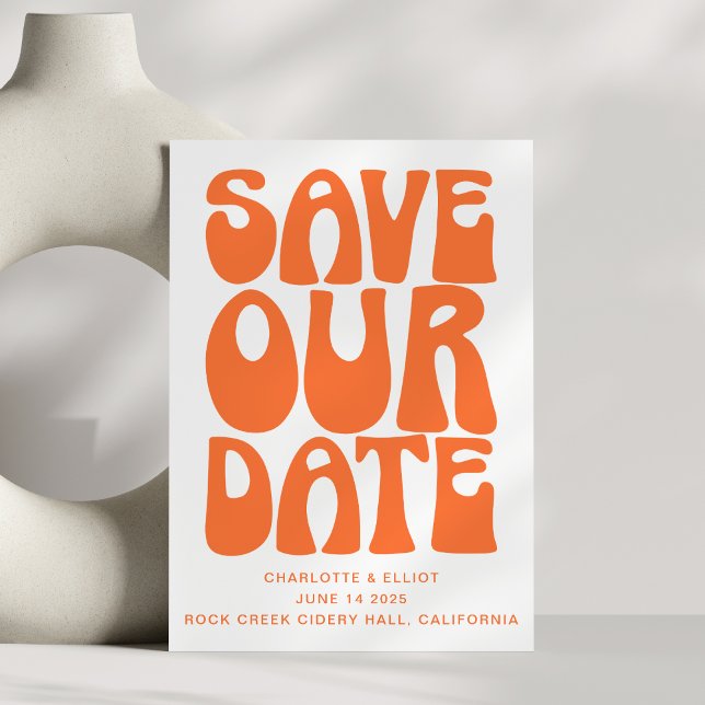 Retro Groovy 70s Bright Orange QR Code Wedding Save The Date (Creator Uploaded)