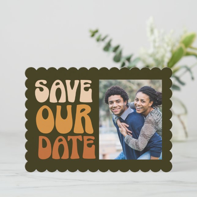 Retro Groovy 70s Brown Green Photo Wedding Save The Date (Standing Front)